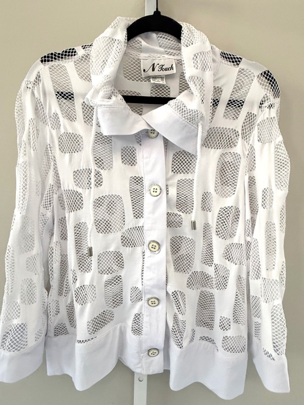 N Touch White Sheer Mesh Button Front Blouse Jacket Size M Geometric Top